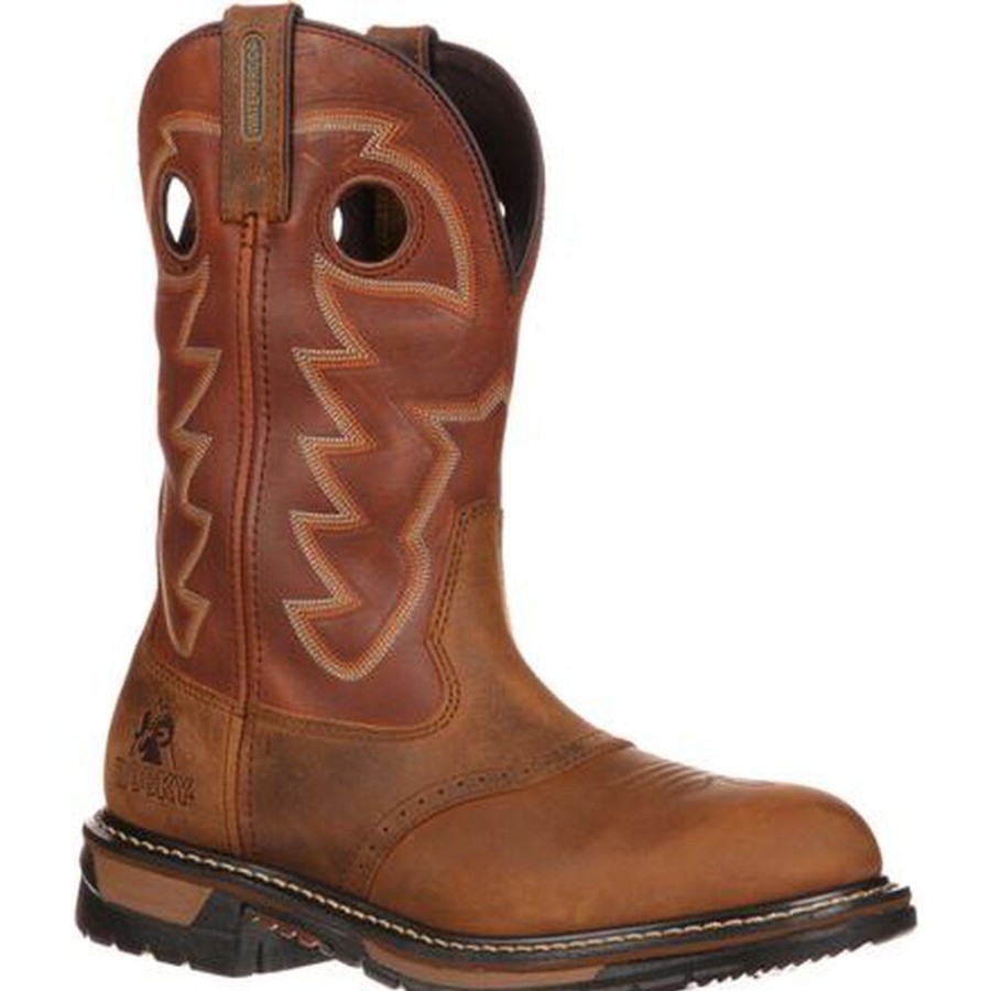 Men Rocky Boots Western | Rocky Original Ride Branson Saddle Roper Waterproof Western Boot Saffron Brown And Ochre