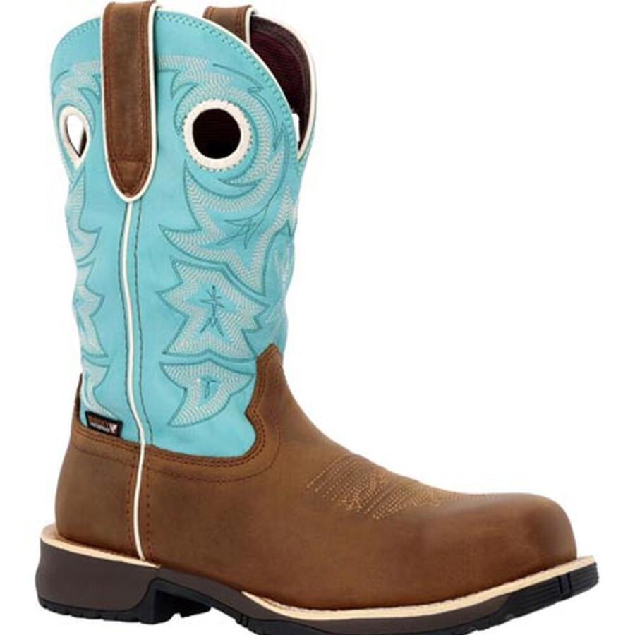 Women Rocky Boots Work | Rocky Rosemary Women'S Waterproof Composite Toe Western Boot Brown Turquoise