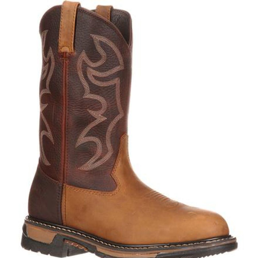 Men Rocky Boots Western | Rocky Original Ride Branson Roper Western Boots Tan And Bridle Brown